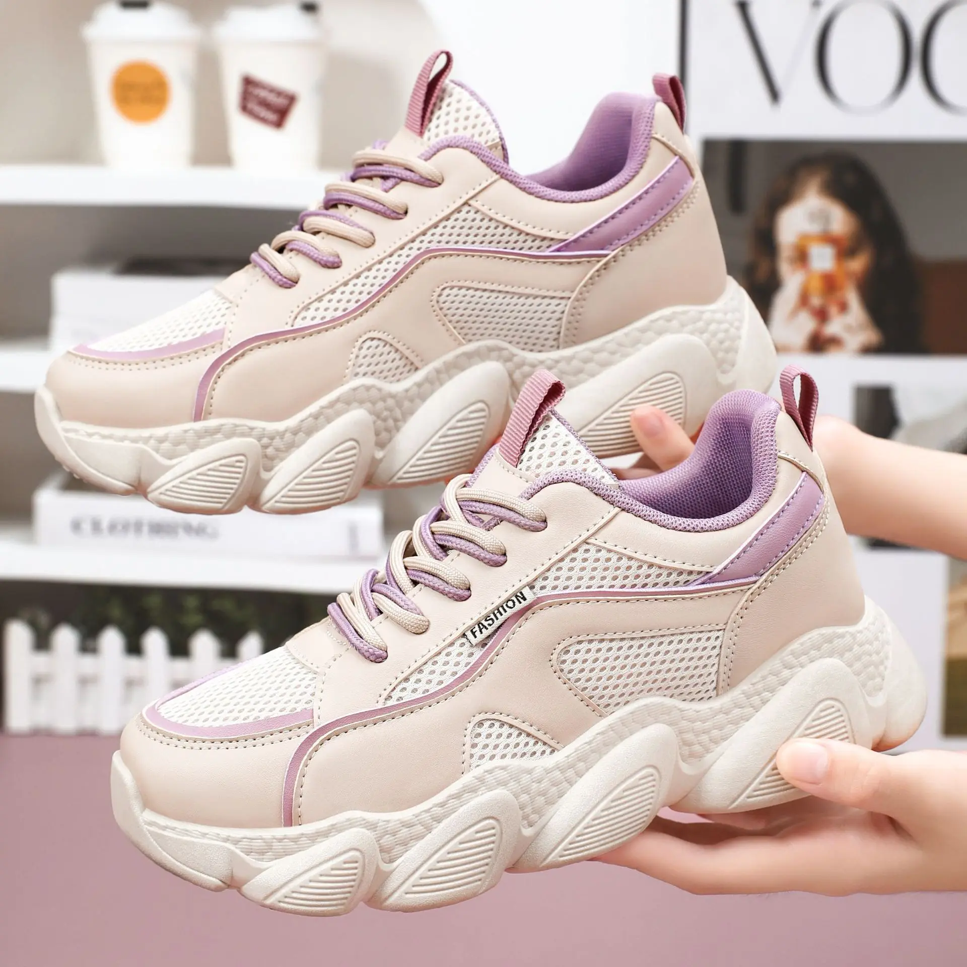 

Sports Trend Women's Shoes 2024 Spring New Mesh Thick Sole Double Laces Retro Korean Casual Dad Shoes 36-41