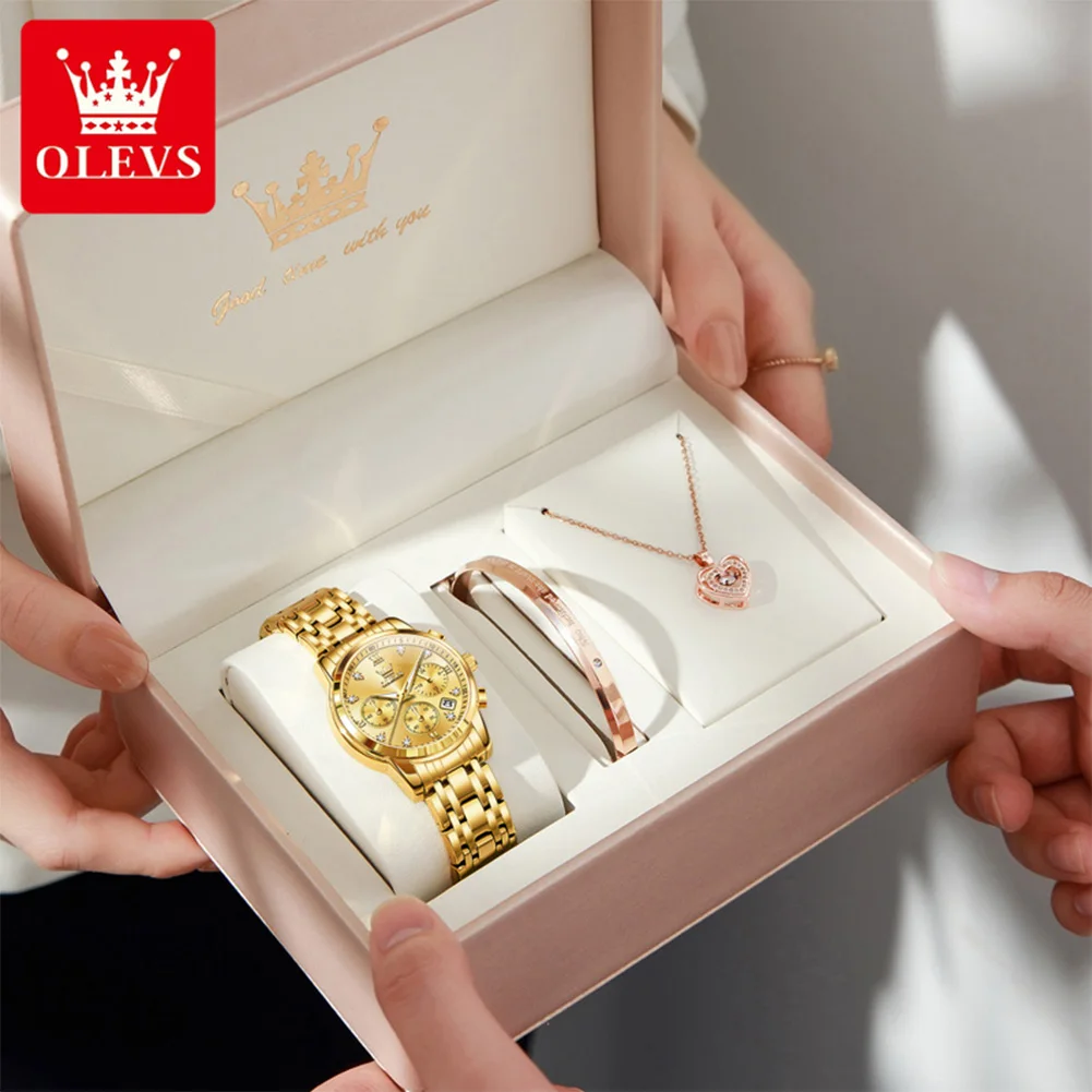 OLEVS 2858 Gold Stainless steel Ladies' Watch Multifunctional Calendar 30M Waterproof Women Watches