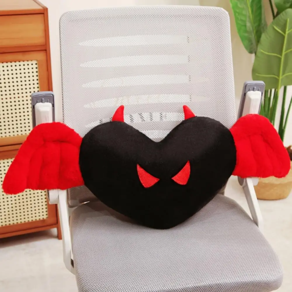 

Black Heart-Shaped Plush Pillow With Red Devil Horns And Wings For Car Seat, Office Chair, Or Home Decor, Soft Comfortable