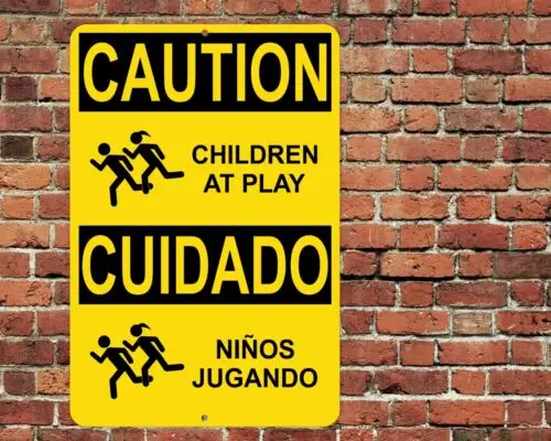 Caution Children At Play Ninos Jugando English Spanish Sign Metal Aluminum 8