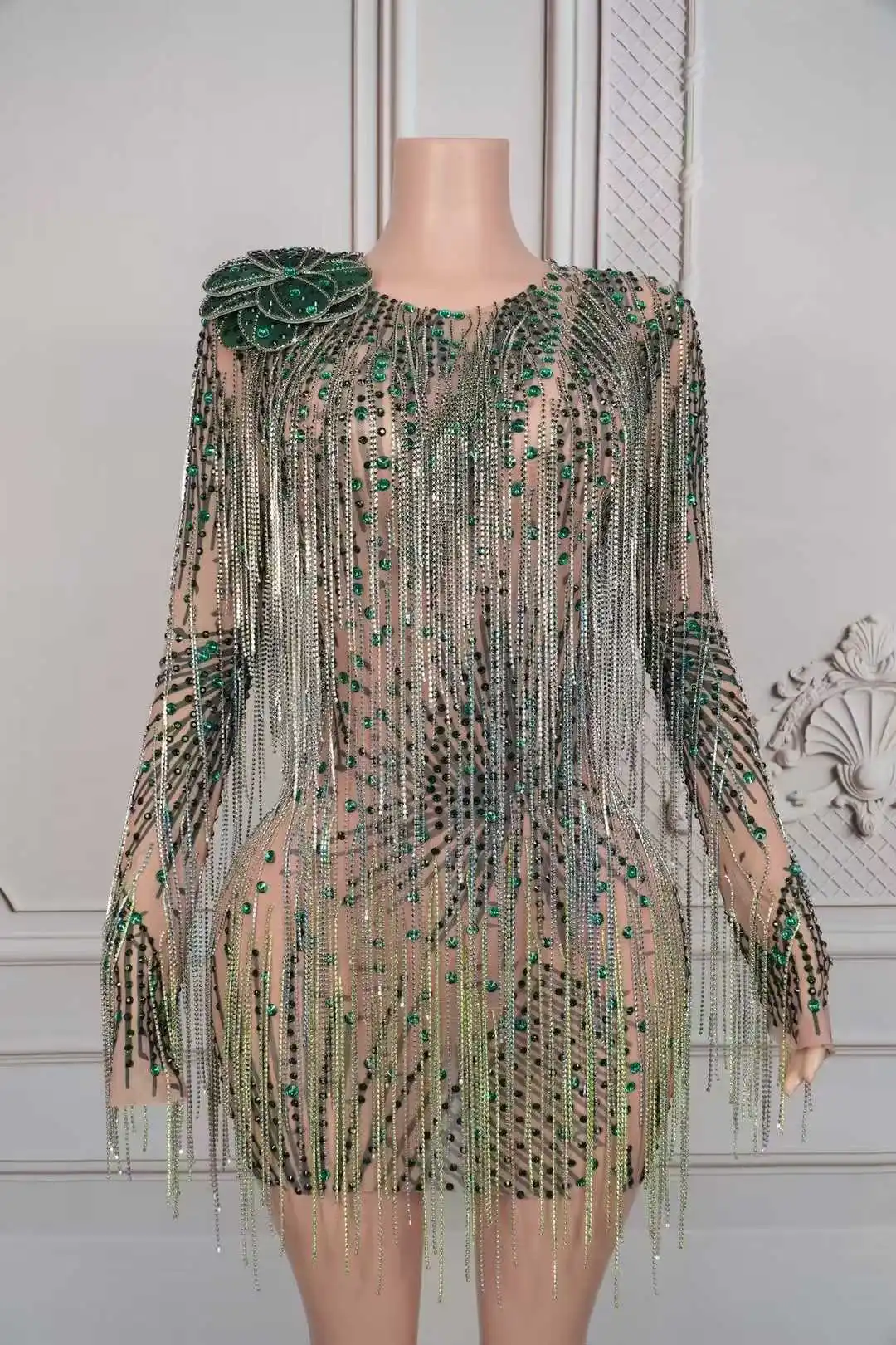 

Long Sleeve Tassle Rhinestone Shinning Backless Sexy Dress For Women Birthday Party Prom Evening Performance Wear