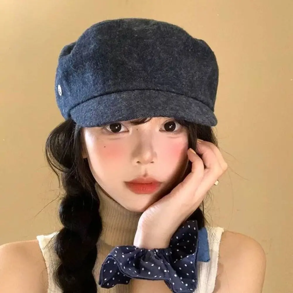 

Korean Vintage Demin Beret Flat Brim Y2k British Style Painter Cap Versatile Artist Octagonal Hat Female