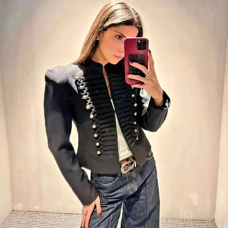 

Chic Elegant Stand Collar Jacket Women Vintage Frog Button Shoulder Pads Full Sleeve Cropped Coats 2026 Spring Street Outerwear