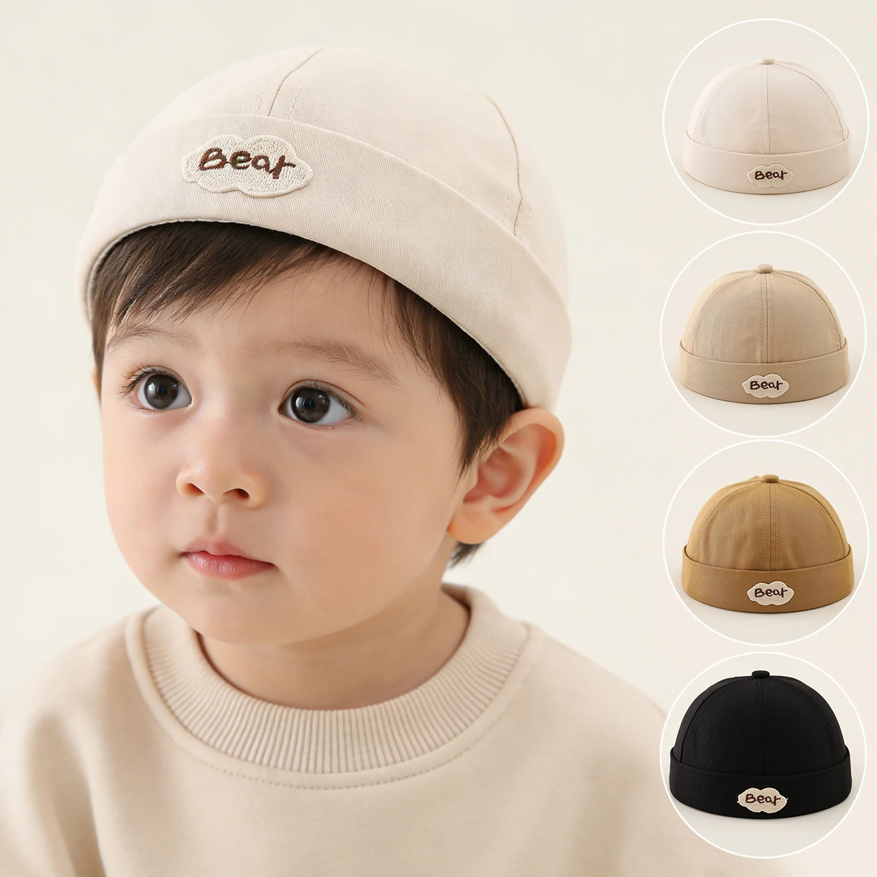 Cute Bear Baby Docker Hat Solid Color Dome Melon Cap for Toddler Boy Girl Summer Adjustable Cotton Brimless Beanies - view 3