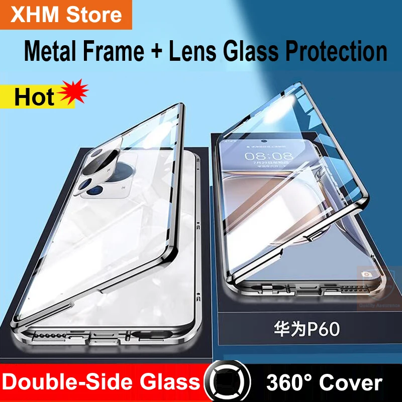 For Huawei P60 Pro Case Tempered Glass Cover Phone Case For Huawei P60 Pro 360 Full Body Flip Metal Magnetic Double Sided Covers