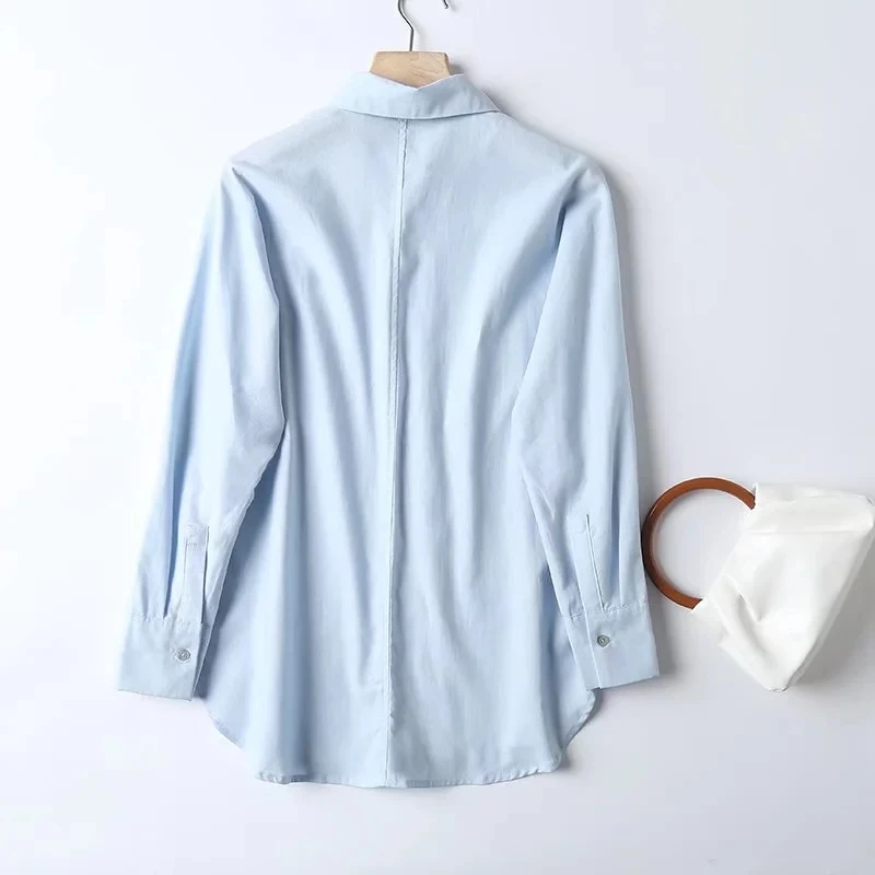 Maxdutti England Style Color Casual Shirt Cotton And Linen Loose Blouse Women Fashion Blue Blouse Tops