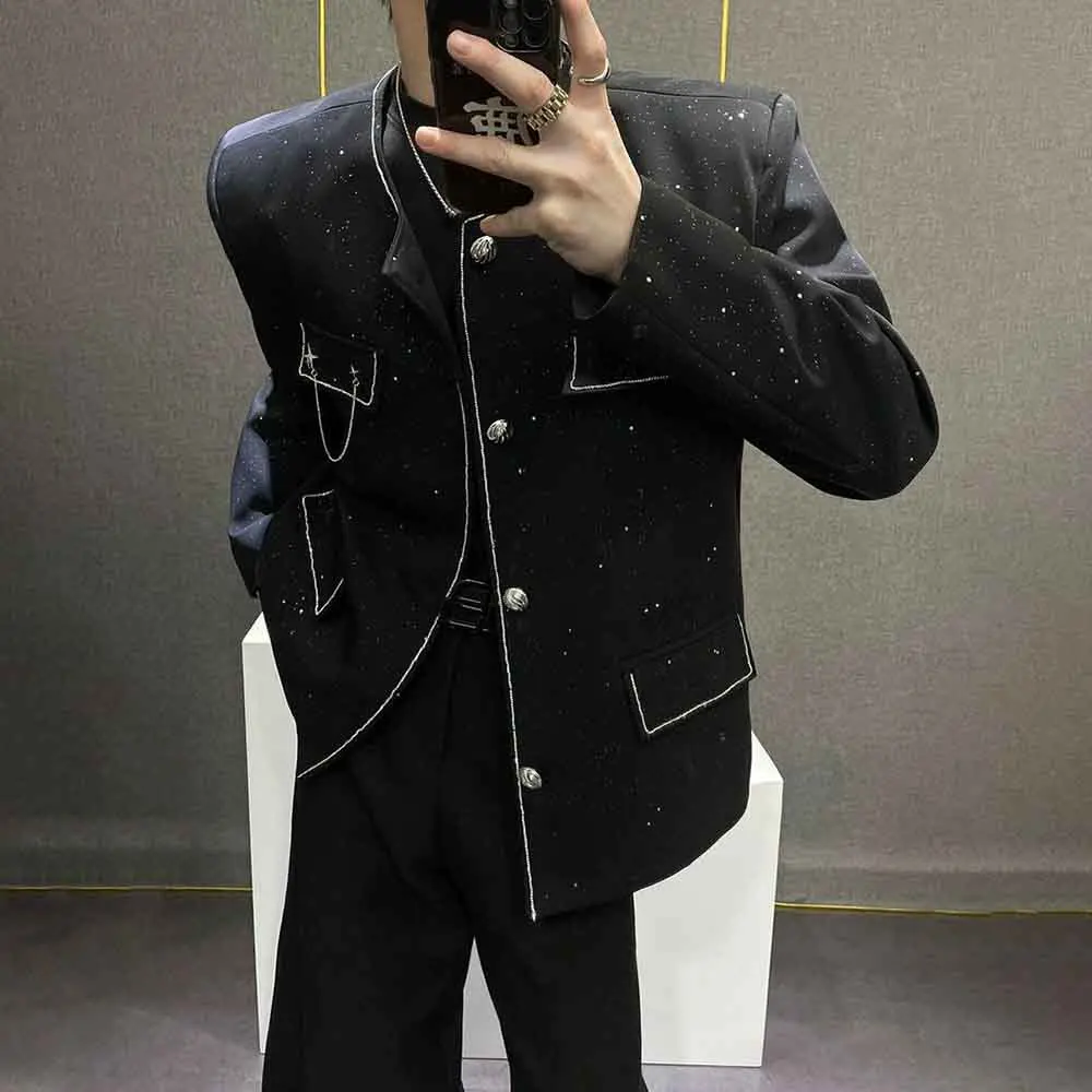 Mens Autumn Sequin Night Sky Casual Padded Shoulder Suit Jacket Streetwear Fashion Niche Nightclub Stage Performance Top 2025