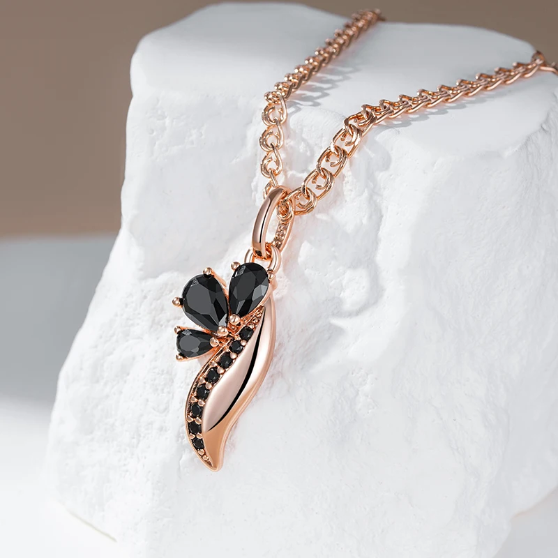 Kinel Hot Black Natural Zircon Pendant Necklace Women Fashion 585 Rose Gold Color Crystal Flower Pendant Fine Vintage Jewelry