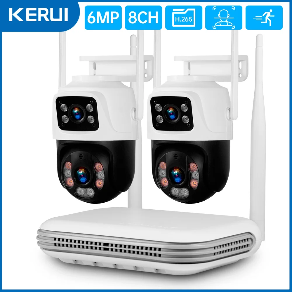 Kerui 6mp Full HD 8CH Kablosuz NVR Güvenlik WiFi IP Çift Lens Kamera Sistemi Kiti Açık Gözetim CCTV Audio Video Kaydedici