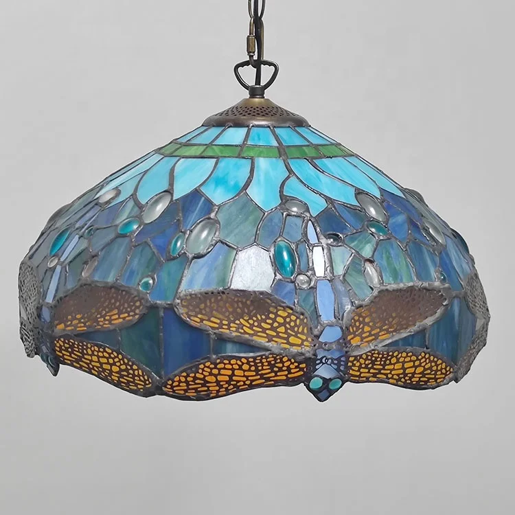 LongHuiJing Tiffany Style Hanging Pendant Lamp 16Inch Wide Sea Blue Stained Glass Lampshade 2Light Handmade Ceiling Lamp Deco