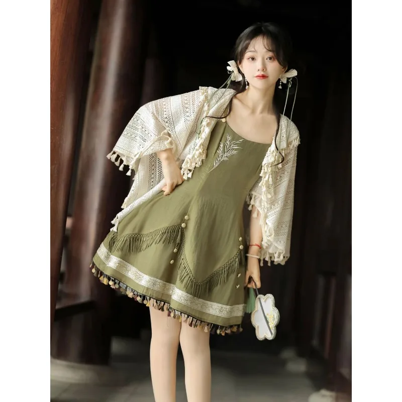 2024 Traditional Chinese Green Lolita Dress with White Tassel Shawl Women Summer Sweet Fairy Party Victorian Dresses Tea Party