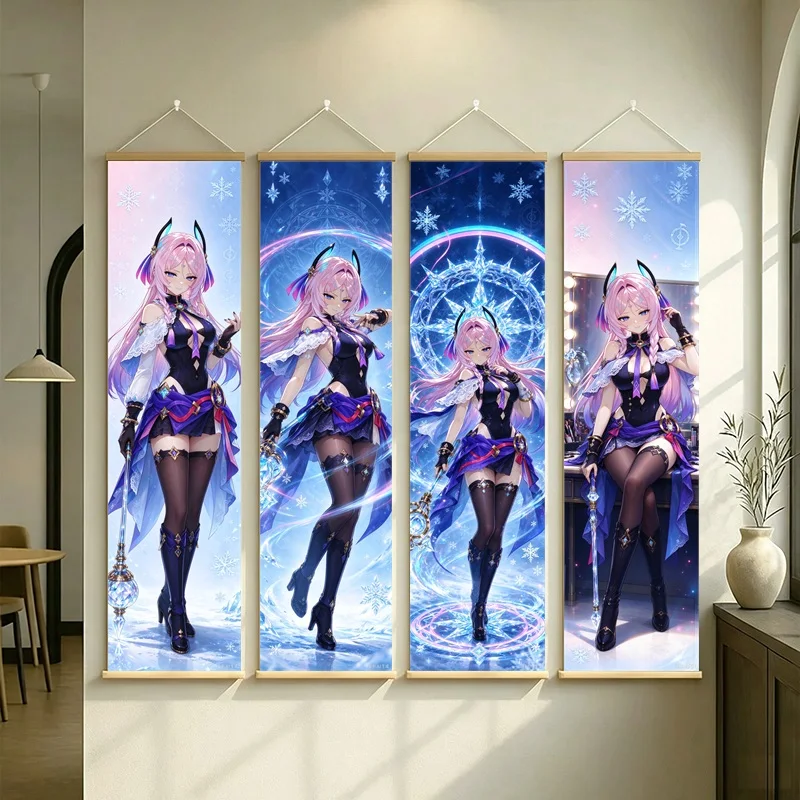 Hanging Scroll Wall Art of Genshin Impact Citlali with Pink Hair and Blue Glow on Silver Shimmer Canvas for an Anime Bedroom