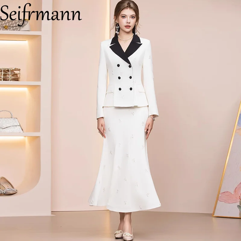 

Seifrmann 2026 Spring Women's New Fashion Suit Collar Long Sleeve Double breasted Coat+Embroidered Fish Tail Half Skirt Set