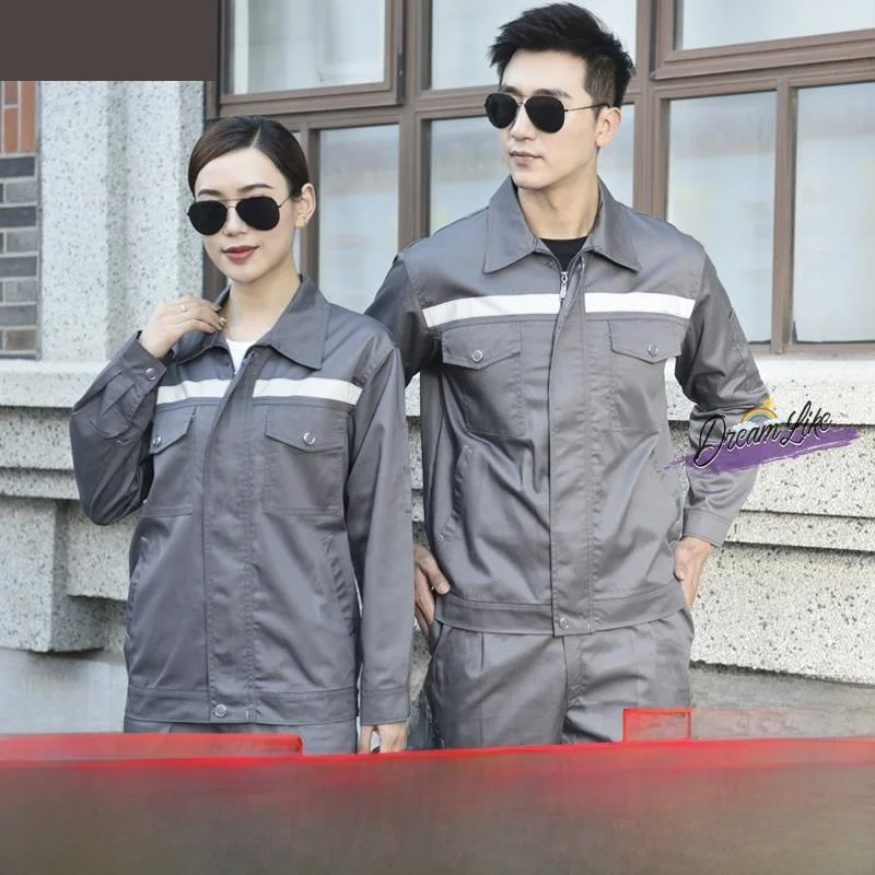 Męski zestaw roboczy na wiosnę/lato z długim rękawem, z odblaskowymi paskami, odporny na zużycie, młodzieżowy, z mieszanki bawełny i poliestru.