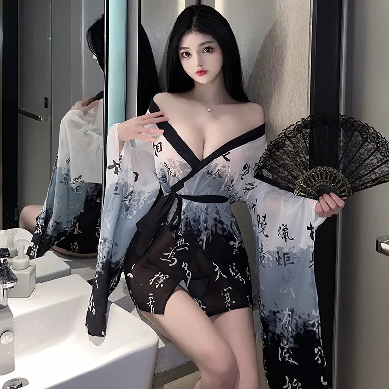 Japanese Kimono Women Sexy Lingerie See Through Mesh Nightgown Bathrobe Pajama Temptation Nightwear Robes Cosplay Sexy Costume