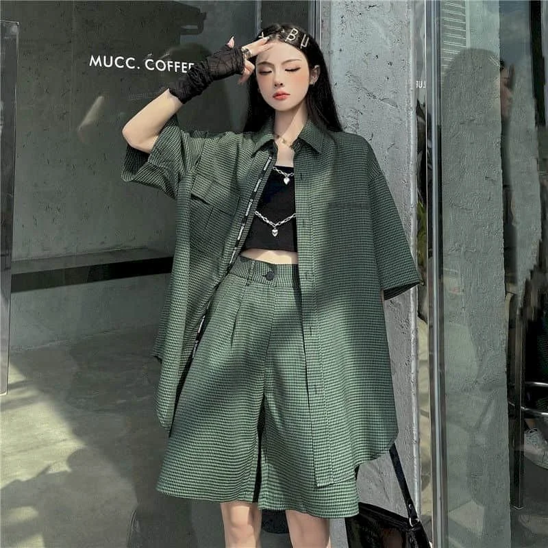 Shorts Sets Green Plaid Design Half Sleeve Polo-neck Shirts and Wide Leg Pants Loose Fit Two Piece Sets Casual Women Clothing