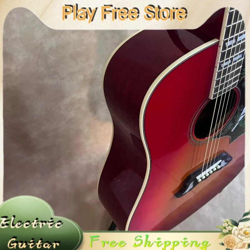 Discount Red 41 Inch Cherry Sunburst Colour Dreadnought Acoustic Guitar Bird Floral Inlay Pickguard Handcrafted Hot Sale New