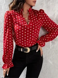 Camicia a pois alla moda camicetta e top in Chiffon Casual a maniche lunghe con scollo a v da donna 2024 primavera autunno camicie da donna da ufficio