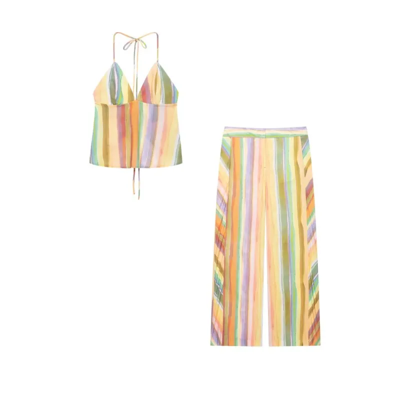 Women's Striped Pants Set Summer Halter Neck Lace-up Backless Tops Mid-waist Wide-leg Pants Casual Fashion Female 2 Piece Sets