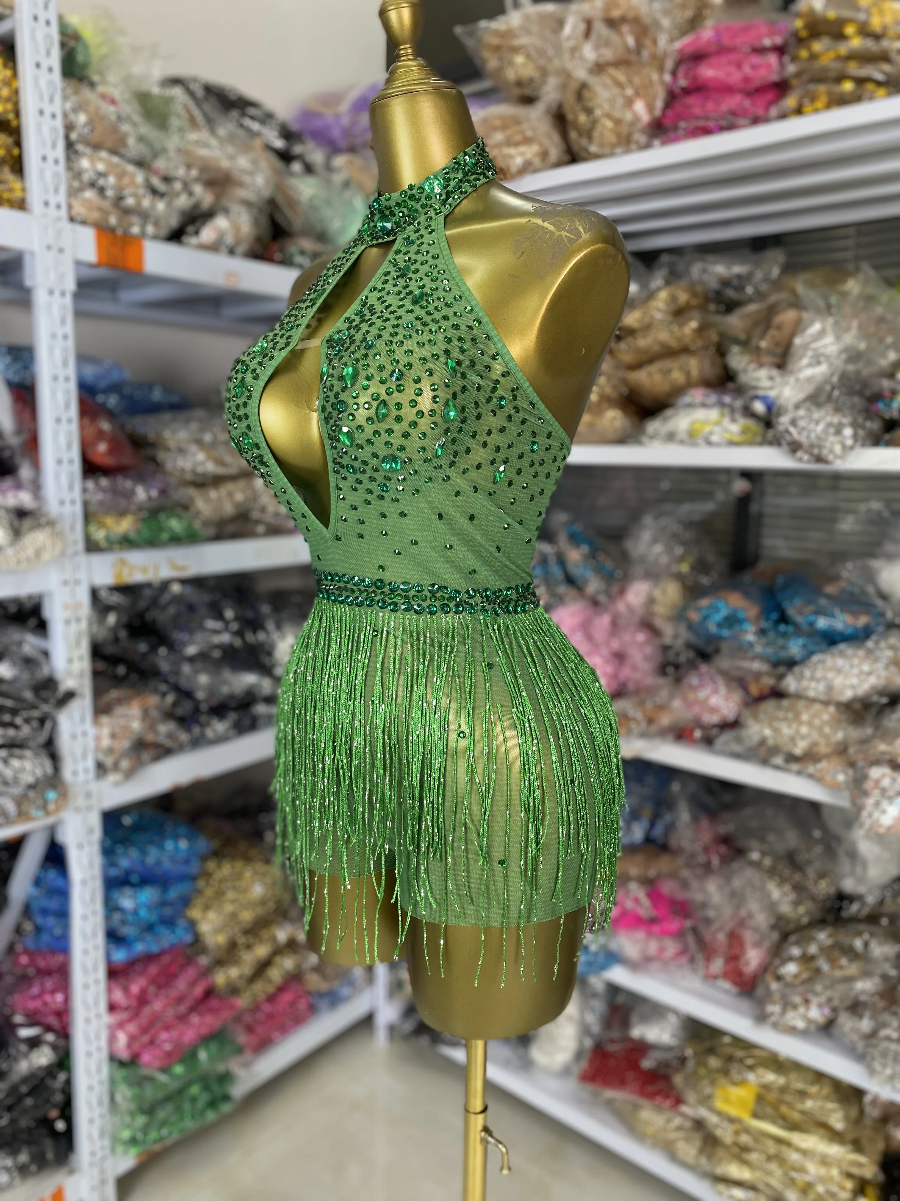 

Женский новый зеленый сетчатый купальник со стразами и открытой спиной, купальник с кисточками, бальное платье для соревнований, вечерний клуб, ночной бар, сценические костюмы
