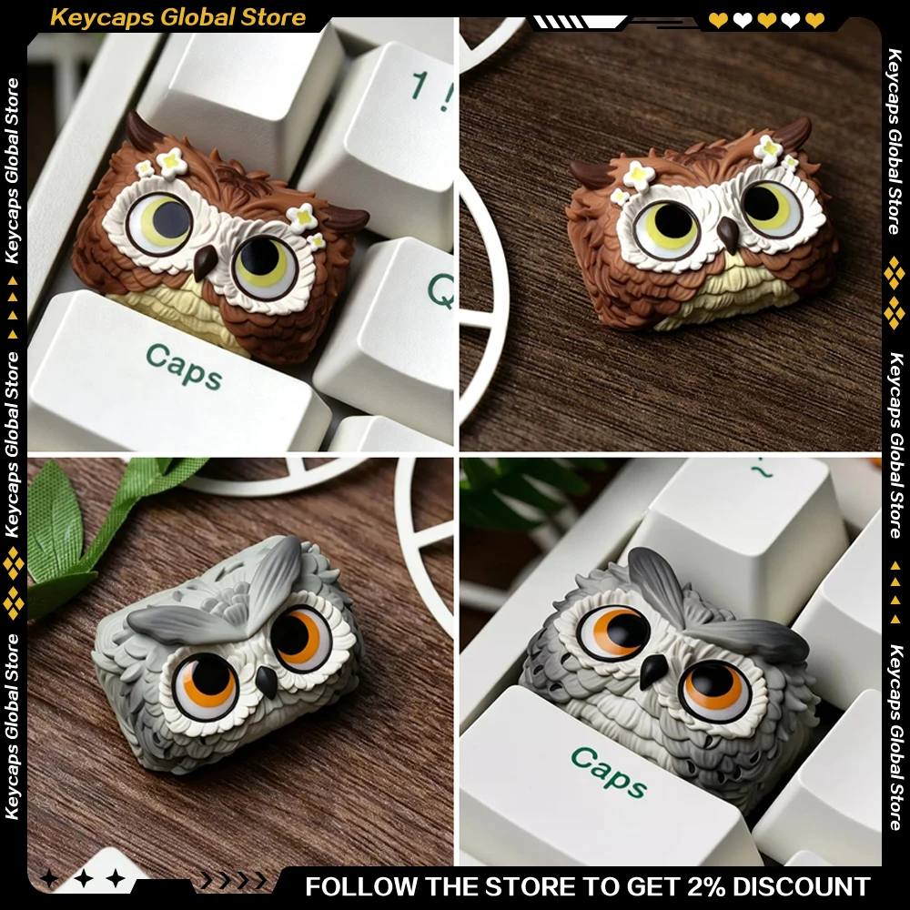 Owl Personality Keycap Resin Material Cute Kawaii 1.5U ESC Artisan Animal Keycaps Grey Brown for Mechanical Keyboard Decoration