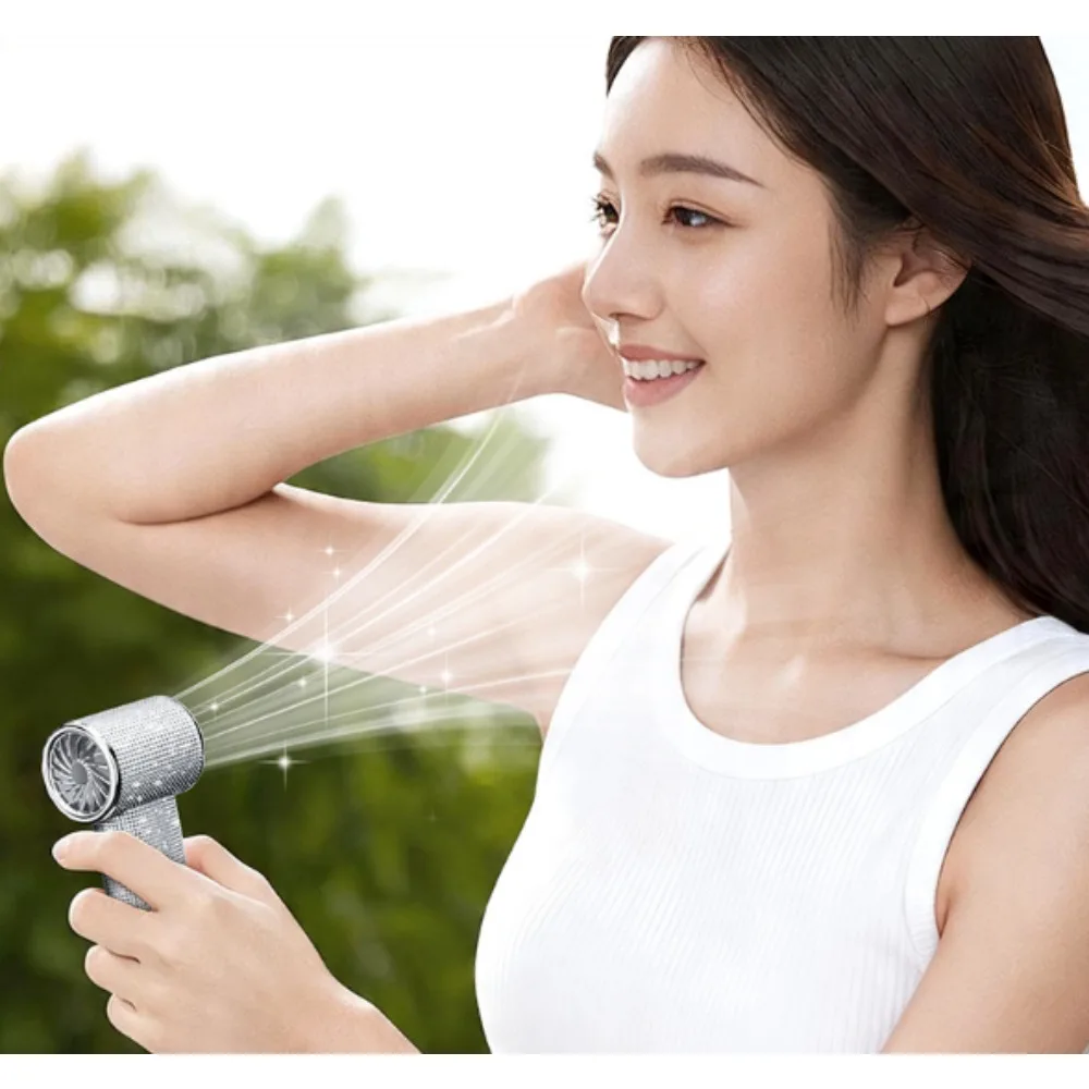 199‑Speed Handheld Portable Fan, Diamond‑Decor Strong Wind Ice Cooling Fan Type‑C Rechargeable Mini Fan for Outdoor Travel