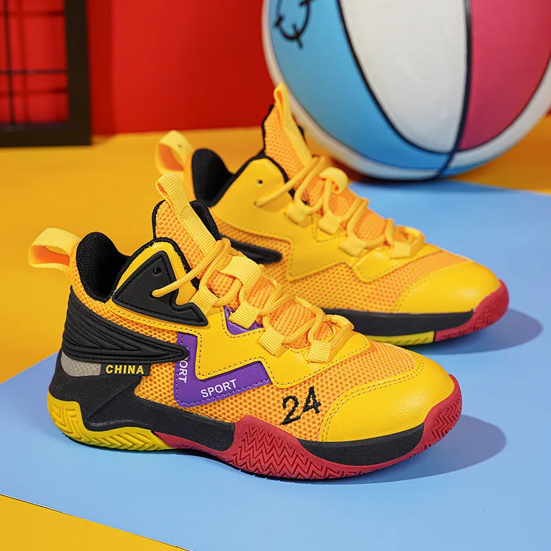

New Yellow Kids Basketball Shoes Breathable Mesh Basketball Sneakers For Children Wearable Chunky Sports Shoes For Boy Trainers