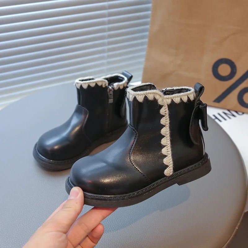 Girls Vintage Ankle Boots, Toddler Kids Spring Autumn Short Boots, Knit Scallop Trim & Back Bow Side Zipper Non-Slip Boots