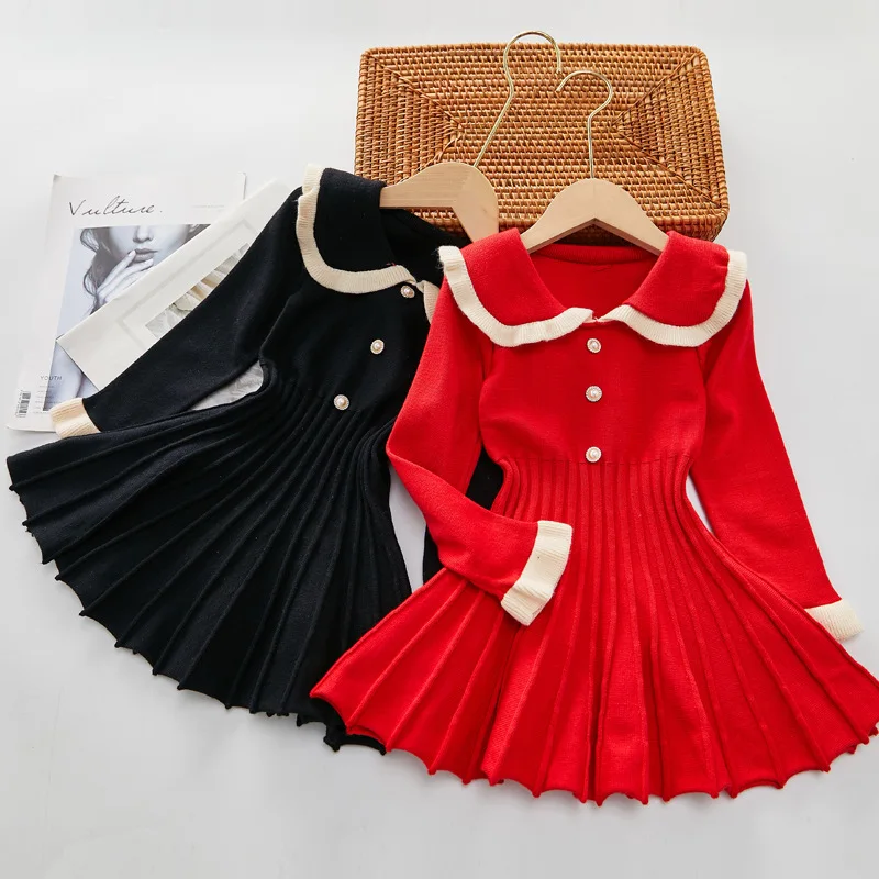 

Girls' Autumn Dress 2022 New Children'S Spring Princess Dress Fashionable Pleated Waist Dresses Button Knitted Wool Clothes