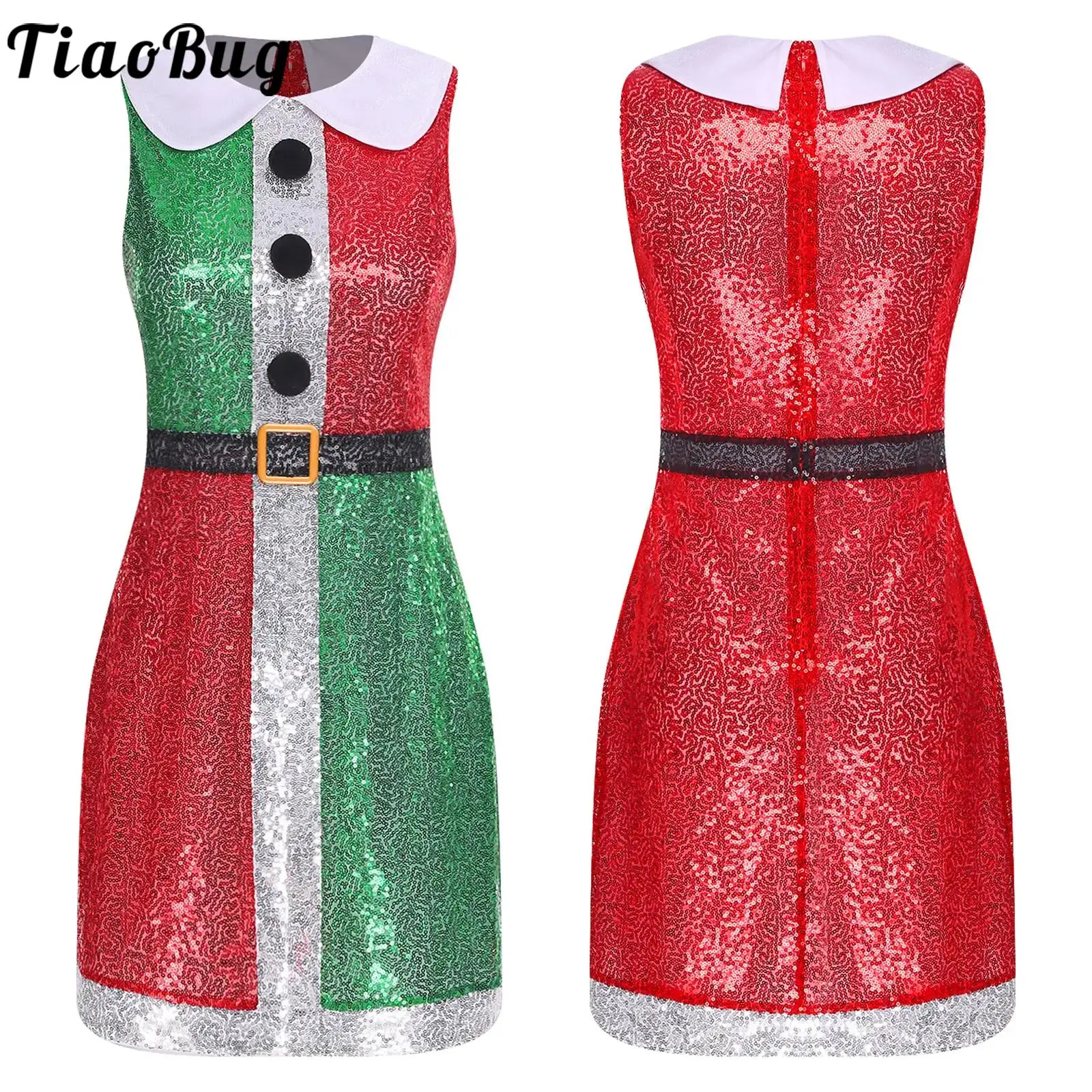 

Women Santa Elf Christmas Fancy Dress Costume Sequins Xmas Party Dresses Color Block Sleeveless Santa Tutu Dress Dance Clothes