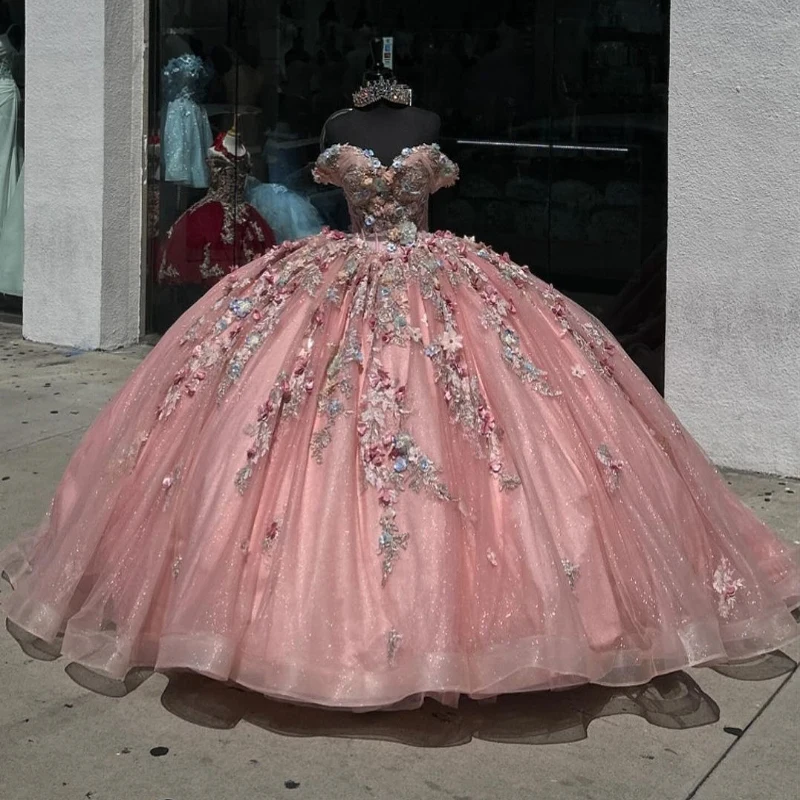 

Luxury Pink Mexican Quinceanera Dressess Off The Shoulder Applique Lace Beads Tull vestido 15 quinceañeras Corset Prom Lace Up