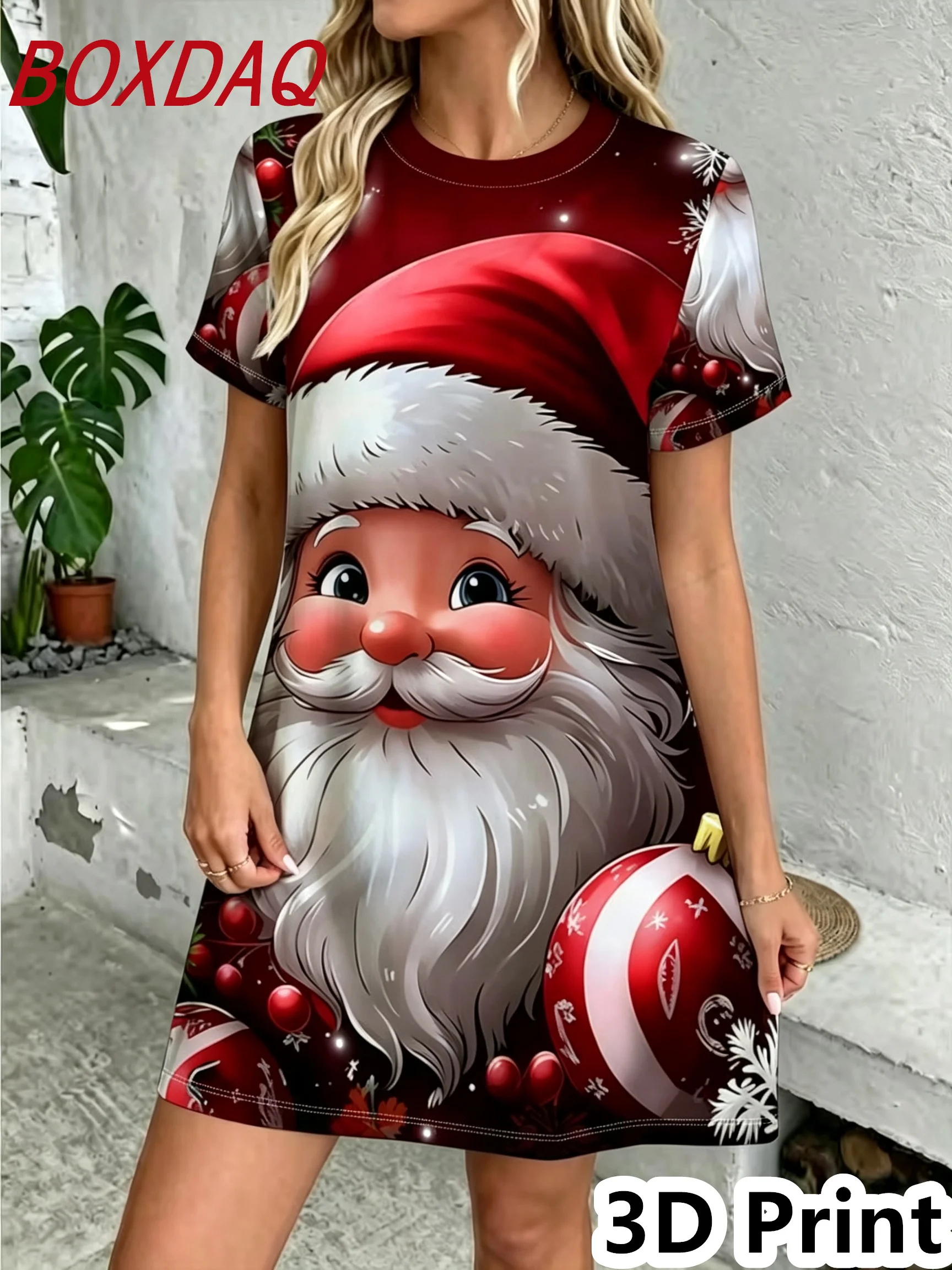 Summer Christmas Snowman Pattern Women Dress Elegant 3D Print Short Sleeve O-Neck Loose Casual A-Line Christmas Cartoon Dress