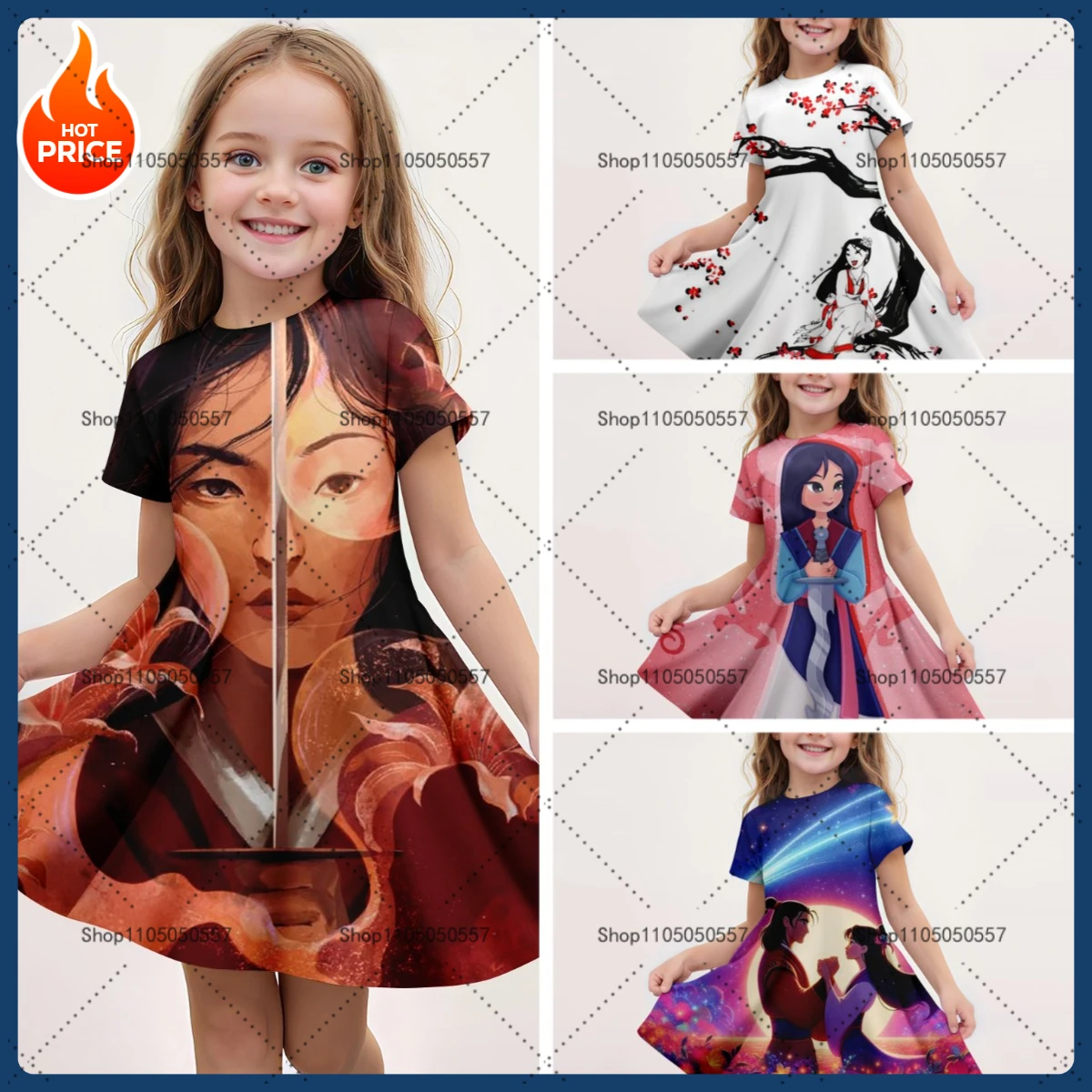 

Mulan themed short sleeved dress for girls, featuring various stunning Mulan patterns, perfect for brave princess fans