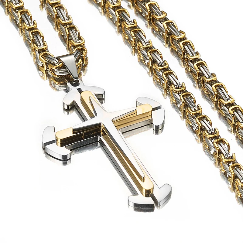 Hip Hop Rock Titanium Stainless Steel 3 Layer Cross Pendants with 6mm wide Byzantium Link Chain Necklaces for Men Rapper Jewelry