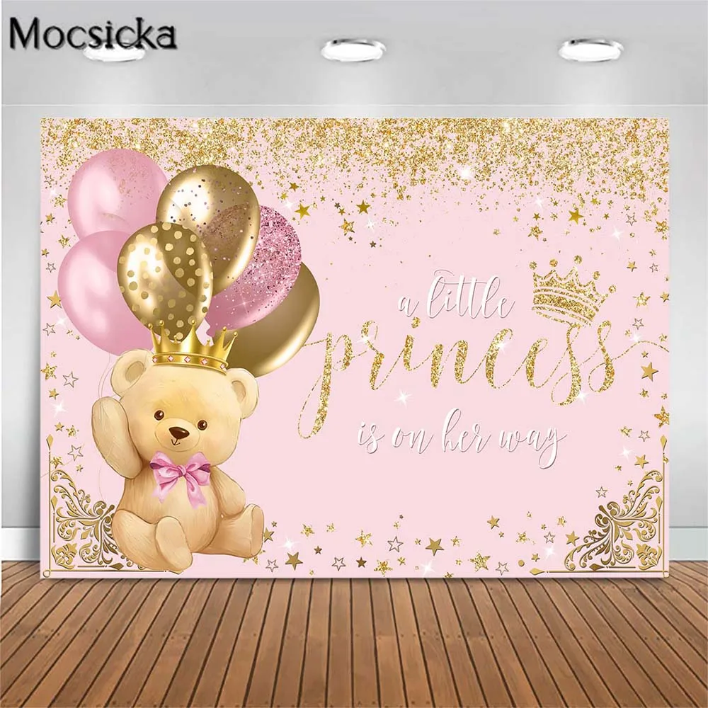 Mocsicka Baby Shower Backdrop Royal Princess Little Bear Crown Pink Girl Welcome Party Background Decor Custom Banner Photoshoot