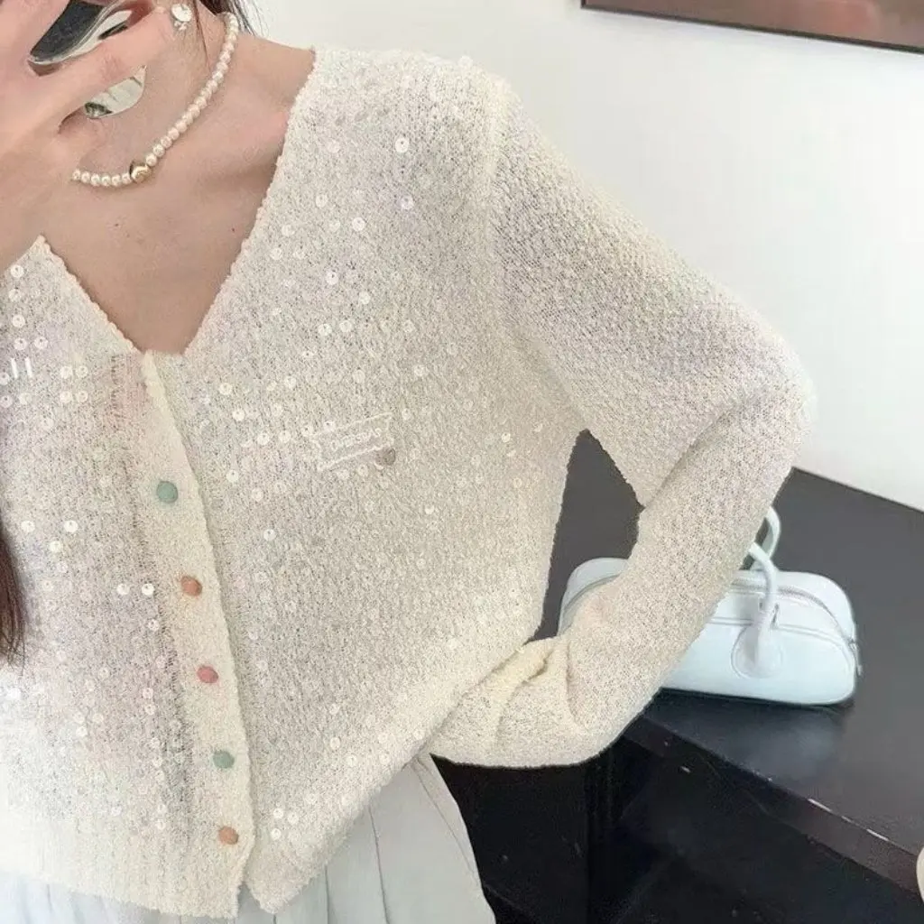 

Design Sense Women's Sequin Knitted Cardigan V-Neck Elegant Sweater Commuter Dopamine Style Spring Summer New