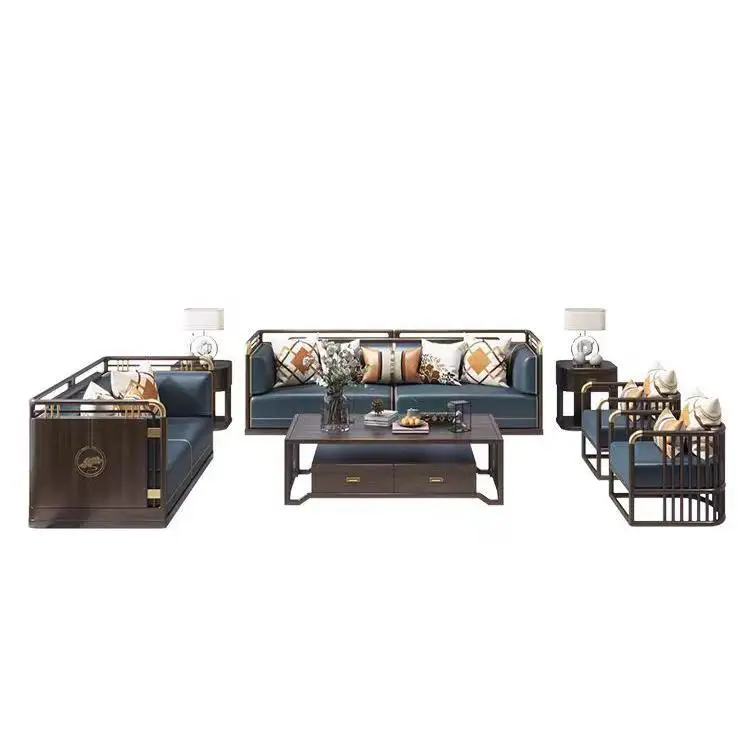 High-end light luxury new Chinese ebony sofa combination spot zen solid wood modern leather villa living room furniture