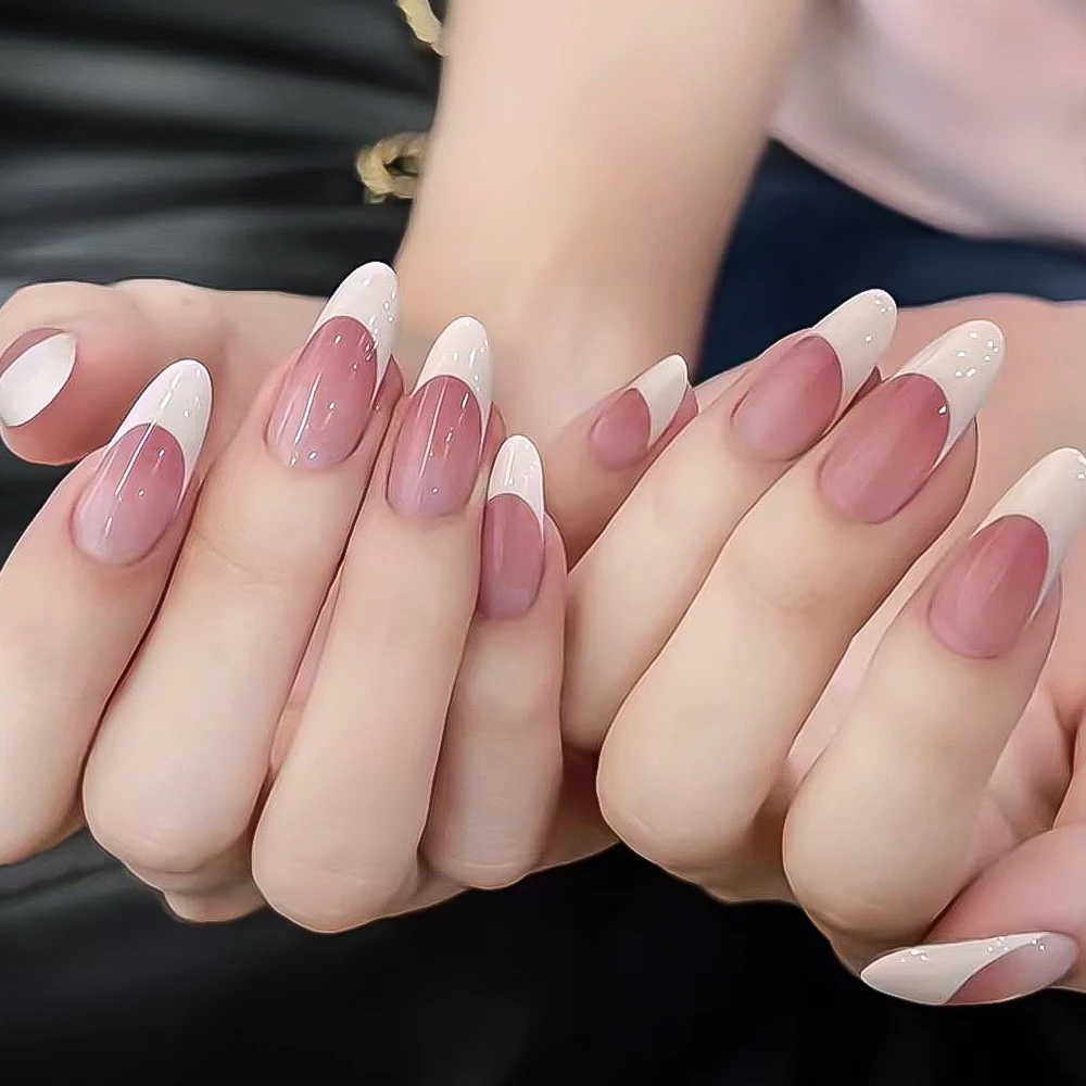 24Pcs/Box Naked Short Almond Handmade Press On Nail White French False Nail Full Cover Artificial Wearable Fake Nail Tips