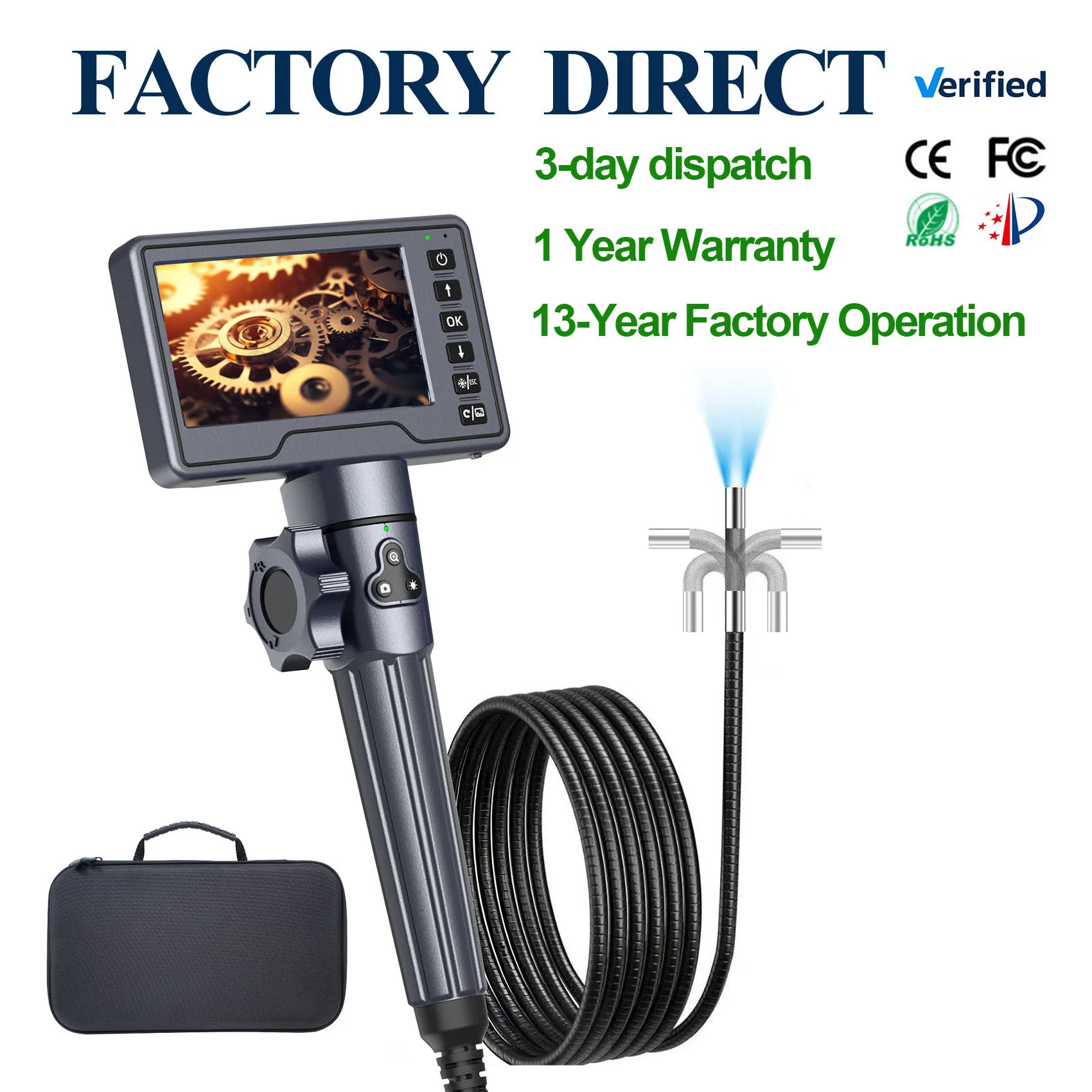 1080P HD 360 Articulating Engine Borescope Camera 6.0mm Industrial Inspection For Car Engine Pipe Detection 5-inch IPS Display