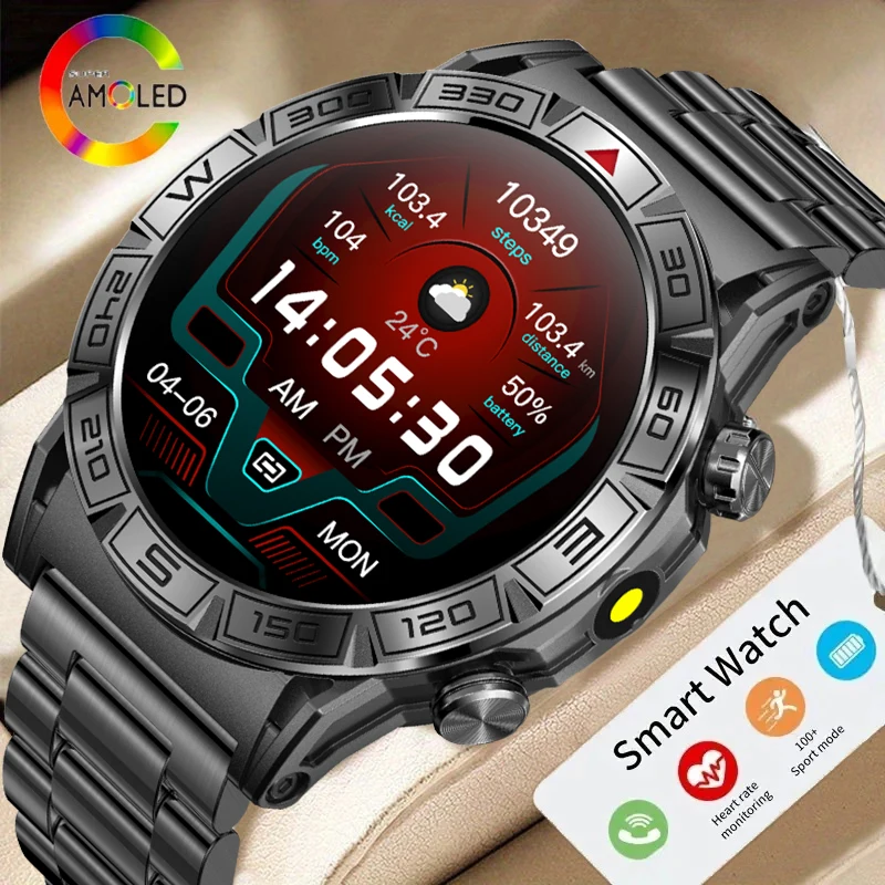 2026 Outdoor Military Smart Watch AMOLED Flashlight Heart Rate Blood Oxygen Blood Pressure Monitoring GPS Trajectory Smartwatch
