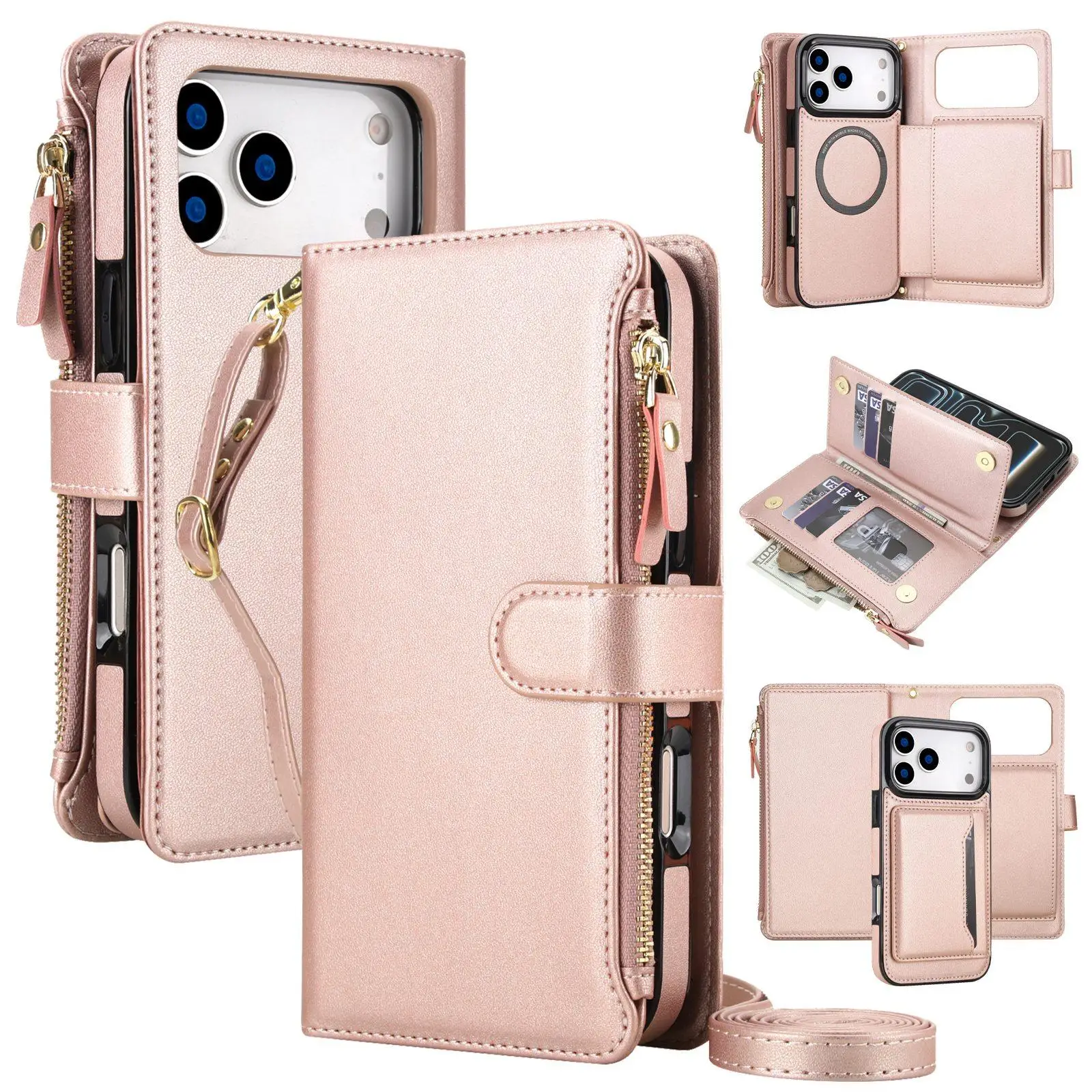 For iPhone 17 Pro Max KLT-033 Detachable 2 in 1 Zipper Wallet Magnetic Phone Case with Lanyard(Rose Gold)