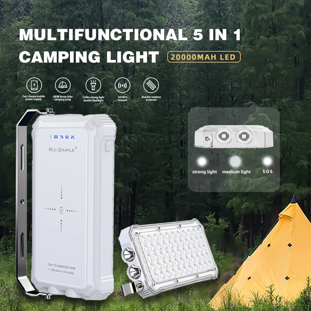 Tente de camping en plein air avec lumière LED, téléphone multifonctionnel, banque d\'alimentation sans fil, étanche IP66, lampe de poche d\'urgence,