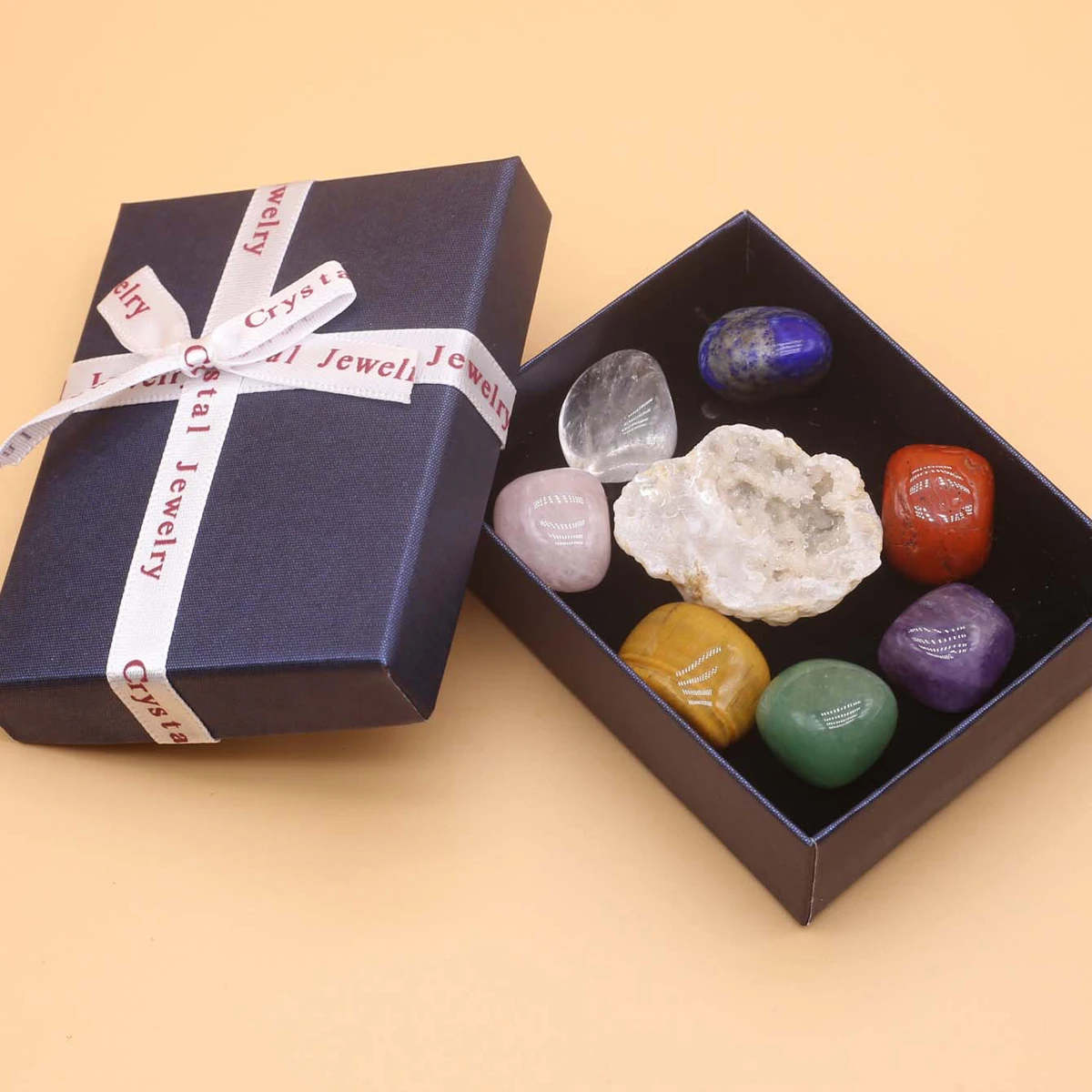 8Pcs Chakras Natural Druzys Bead Ornament Gemstone Mineral Healing Ornaments Set Resin Pendant Gifts Box Home Decoration