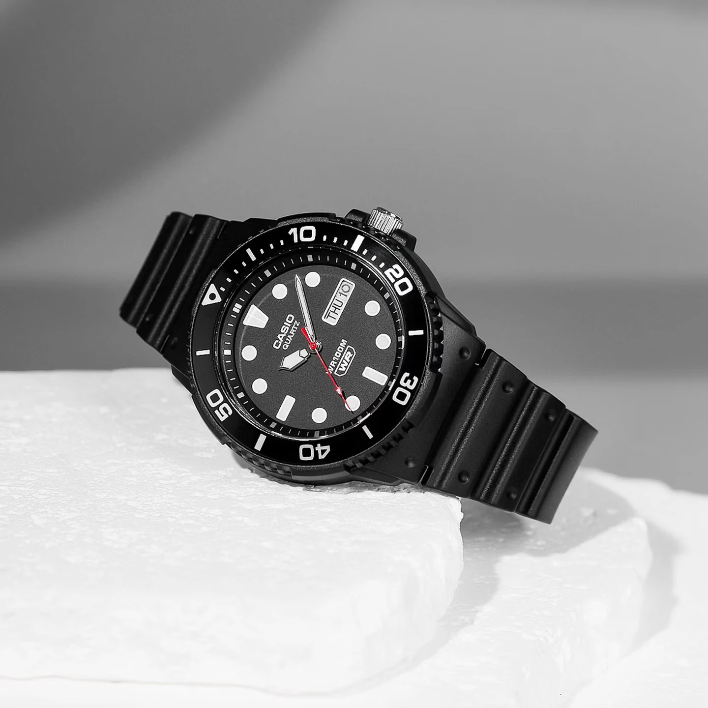 Casio MRW‑230H Series | Men Analog Quartz Watch | 100‑Meter Water Resistance | Resin Band | Rotating Bezel | Day & Date Display