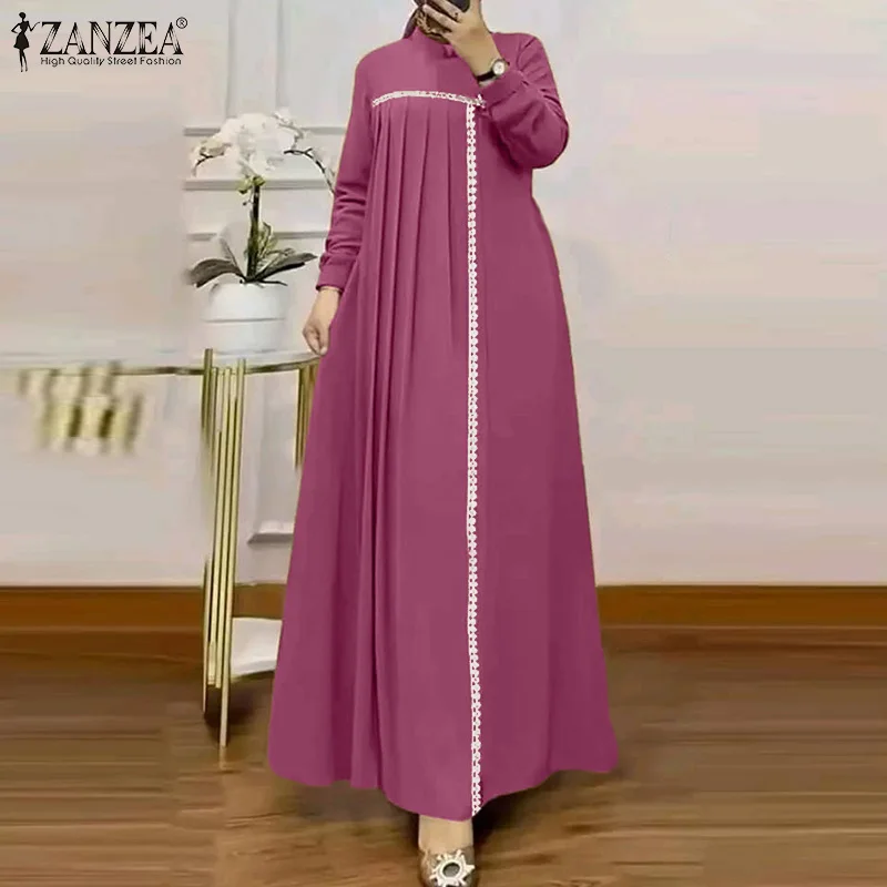 فساتين ZANZEA لخريف 2025 مُزينة بالدانتيل فستان عباية إسلامية للنساء أنيق بأكمام طويلة فستان صيفي مطوي رداء إسلامي