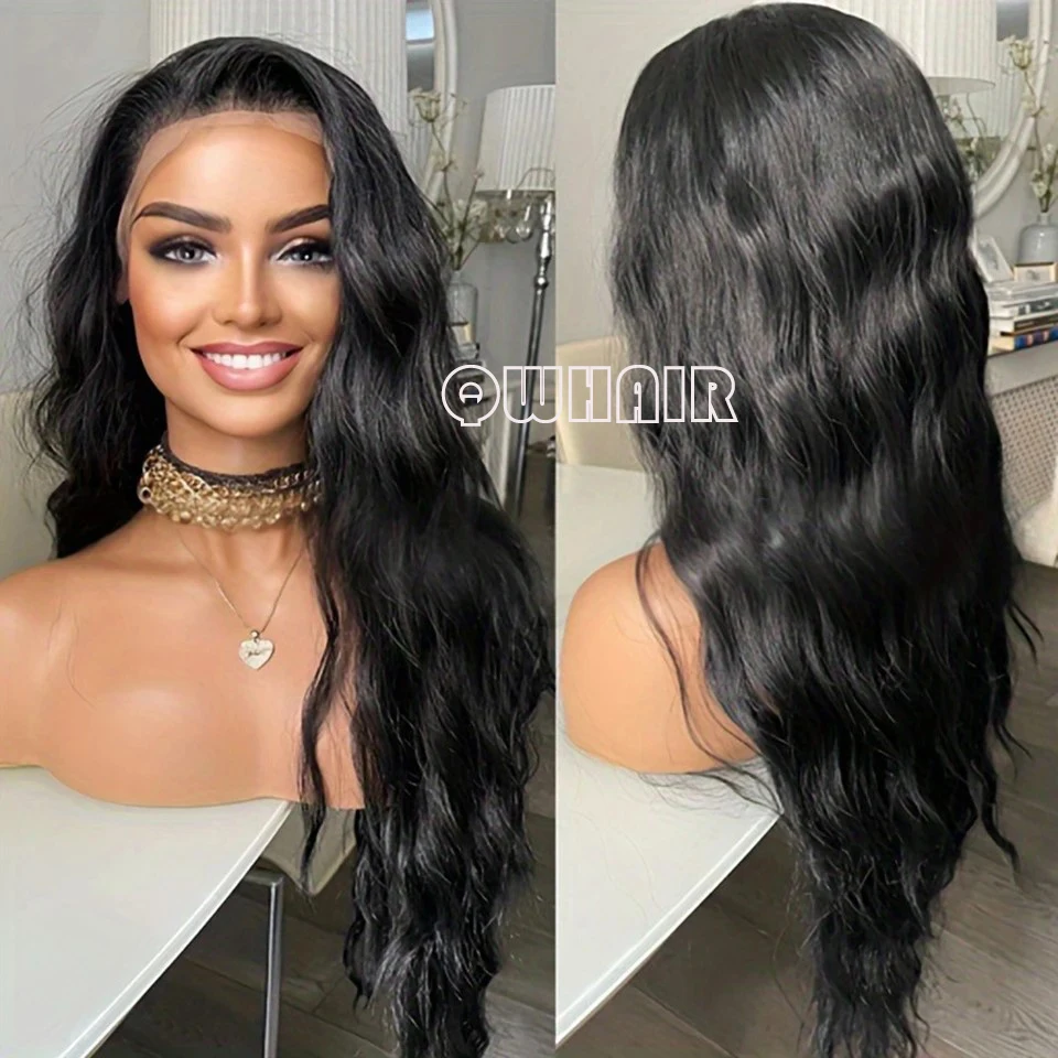 QW Capelli sintetici Nero Sciolto Onda profonda 13X4 Parrucca anteriore in pizzo per donne nere Glueless Fibra resistente al calore Cosplay Abbigliamento quotidiano