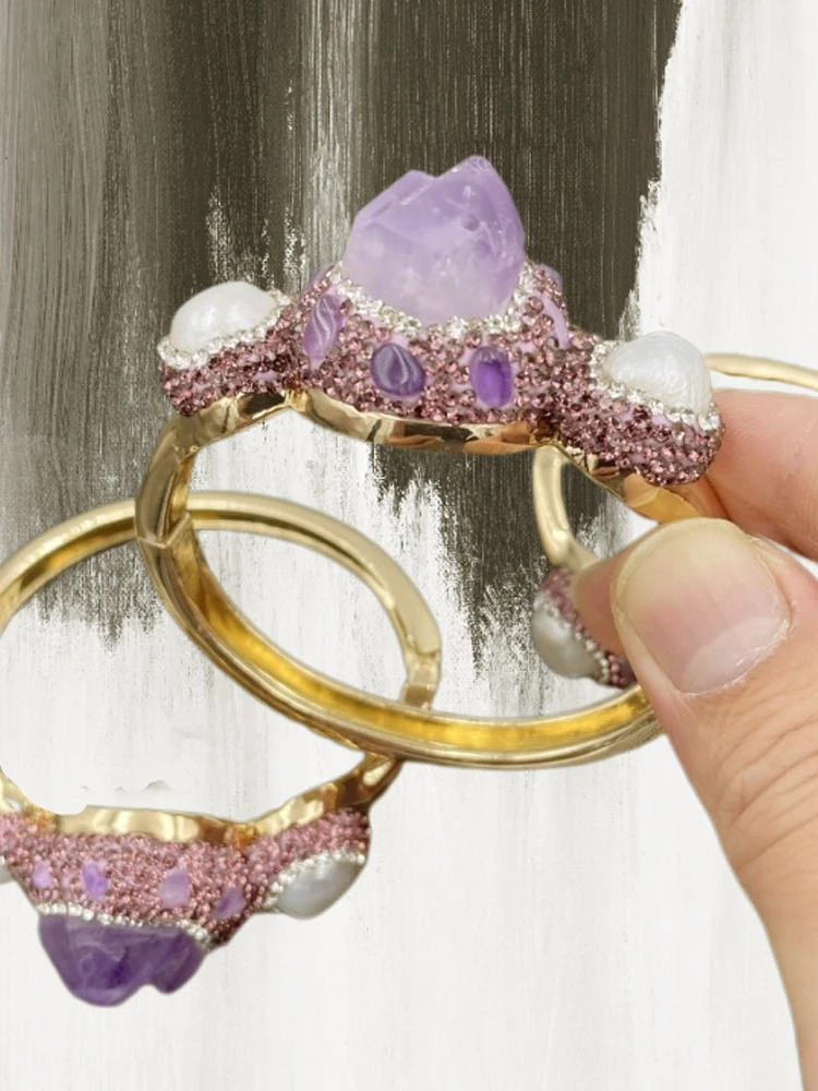 Natural Amethyst Pearl Bracelet Sets Women Vintage Jewelry 2PCS Ring  Lady Daily Party Handmade Jewelry