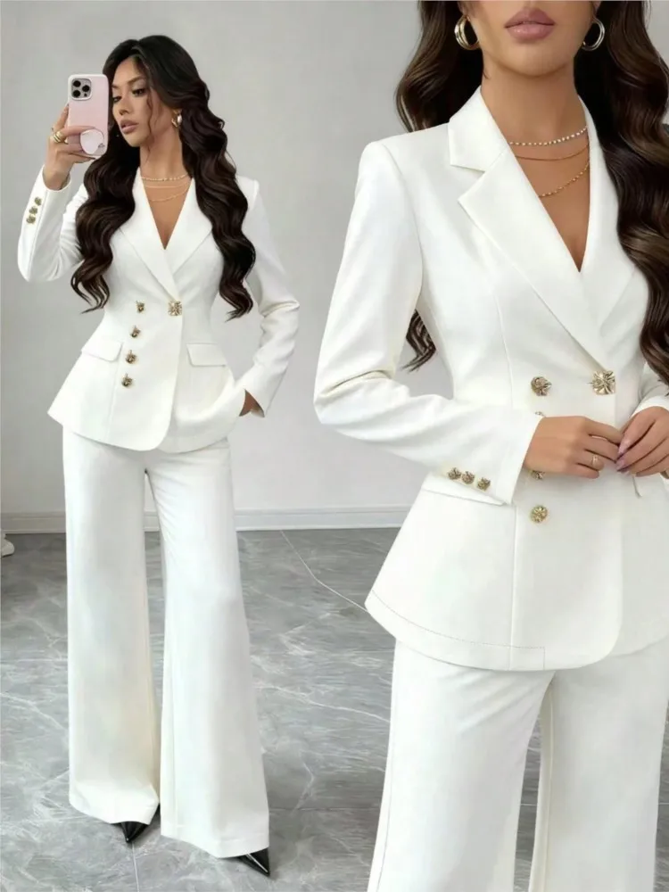 Elegantes Damen-Blazer-Set in Weiß, Zweiteiler für Herbst und Winter, Revers-Blazer mit langen Ärmeln + weit geschnittene Hose, Büro-Freizeit-Set