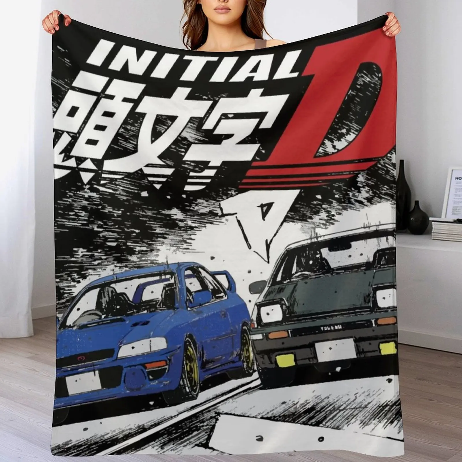 

Initial D - Mountain Drift Racing Tandem Takumi Fujiwara AE86 vs Bunta Fujiwara GC8 Chase Throw Blanket Luxury Designer Blankets