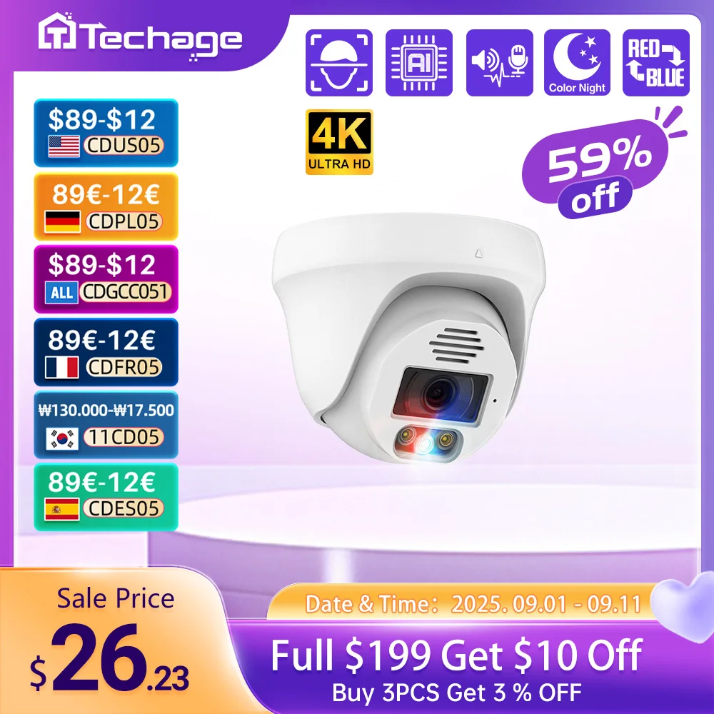 

Techage UHD 4K 8MP 5MP POE IP Camera Red-Bule Light Alert Smart AI Face Detection Waterproof Color Night Vision Security Camera